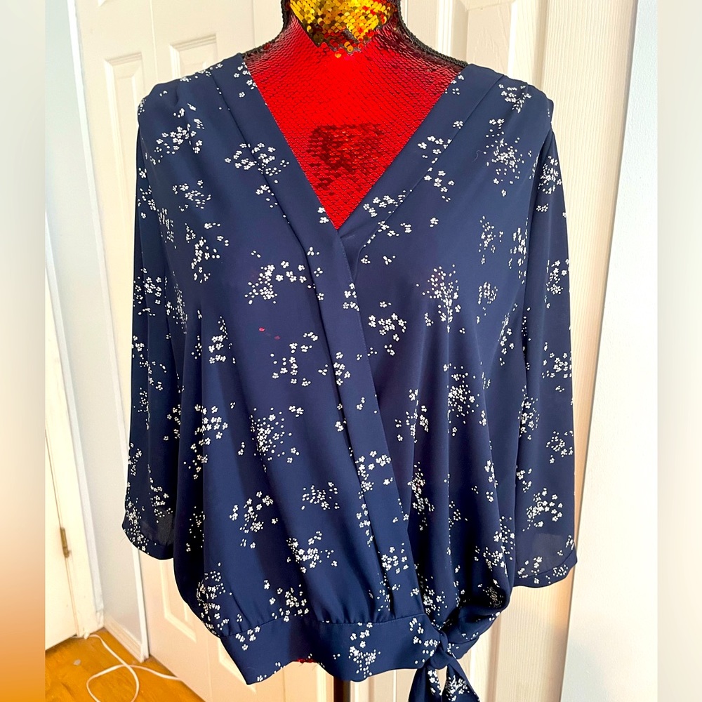 Navy blue with white floral pattern blouse